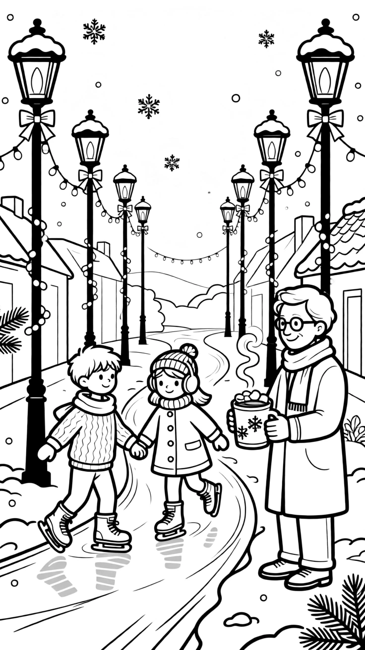 A wide view on a quiet street lined with snow-capped lampposts, featuring a pair of ice skaters gliding hand in hand, a proud grandfather, and a string of twinkling lights, with a steaming mug of cocoa with marshmallows nearby.