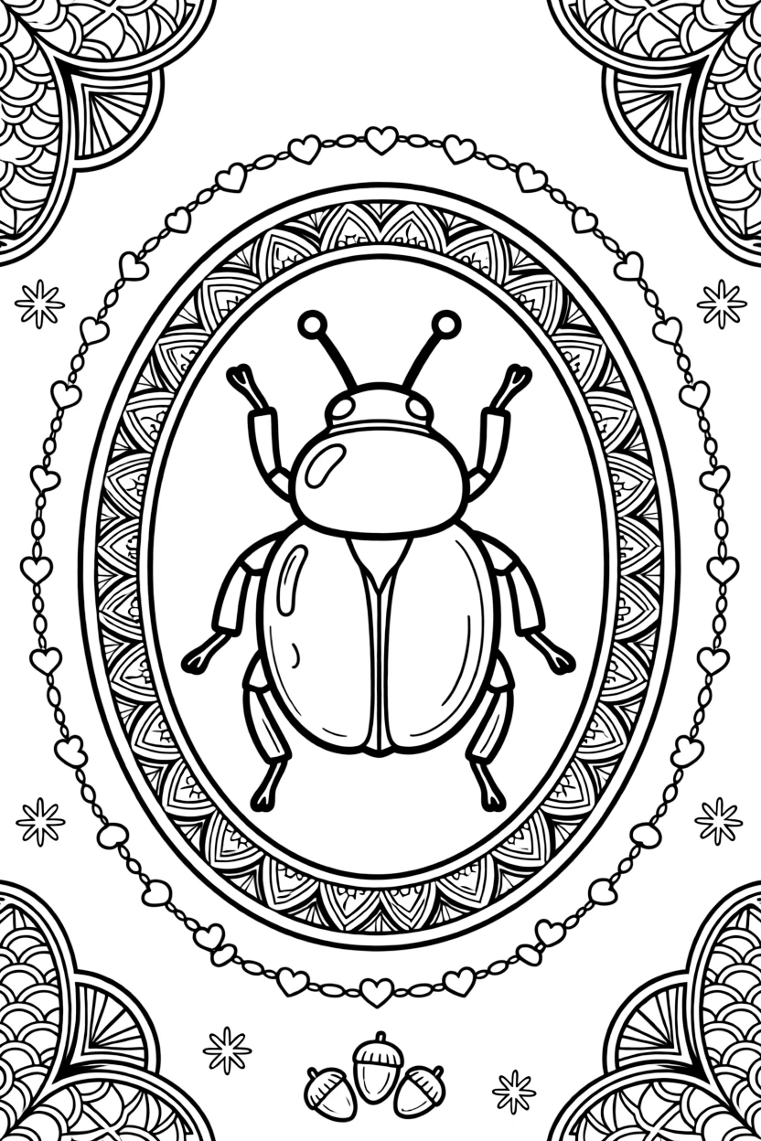 Insects & Bugs: The page presents a small themed scene built around a beetle with a glossy rounded shell back, tied together by an oval medallion mandala framed by a double border. The scene is placed in the center of a small symmetrical scene, with matching background details balanced evenly on both sides. Decorative details fill the surrounding space, including tiny pinwheel stars, a chain of linked heart shapes, and overlapping fish-scale textures woven throughout the background. A playful extra touch completes the page: a handful of tiny acorns scattered near the bottom edge.