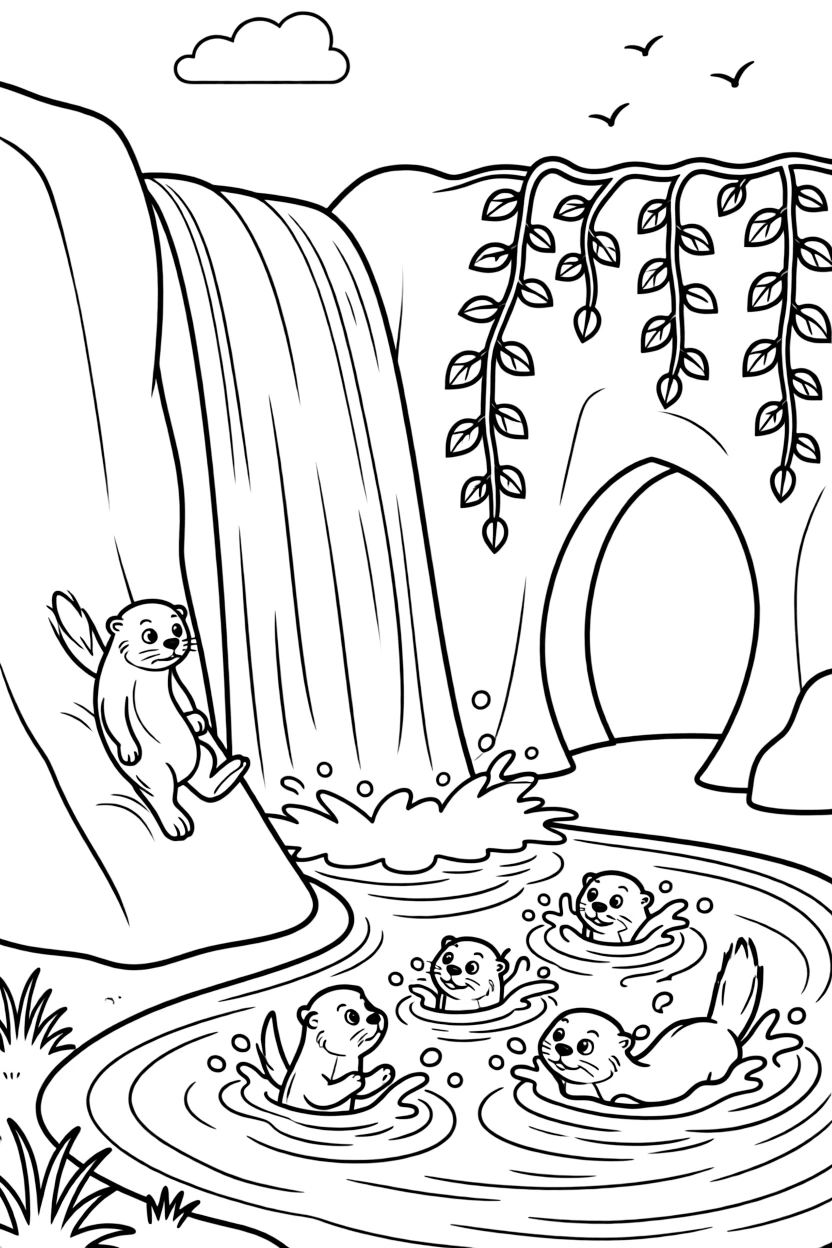 [Waterfalls] A curious otter slides down a smooth rock beside a cascading waterfall into the pool below. A family of otters plays in the swirling water at the base of the falls. A hidden cave sits behind the curtain of falling water, its entrance framed by hanging vines. The steady rush of falling water fills the air beneath a bright, clear sky.