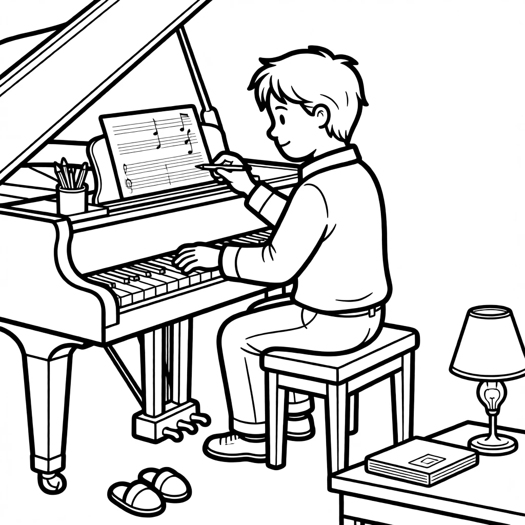 A film composer plays a piano while writing music notes on sheet paper.