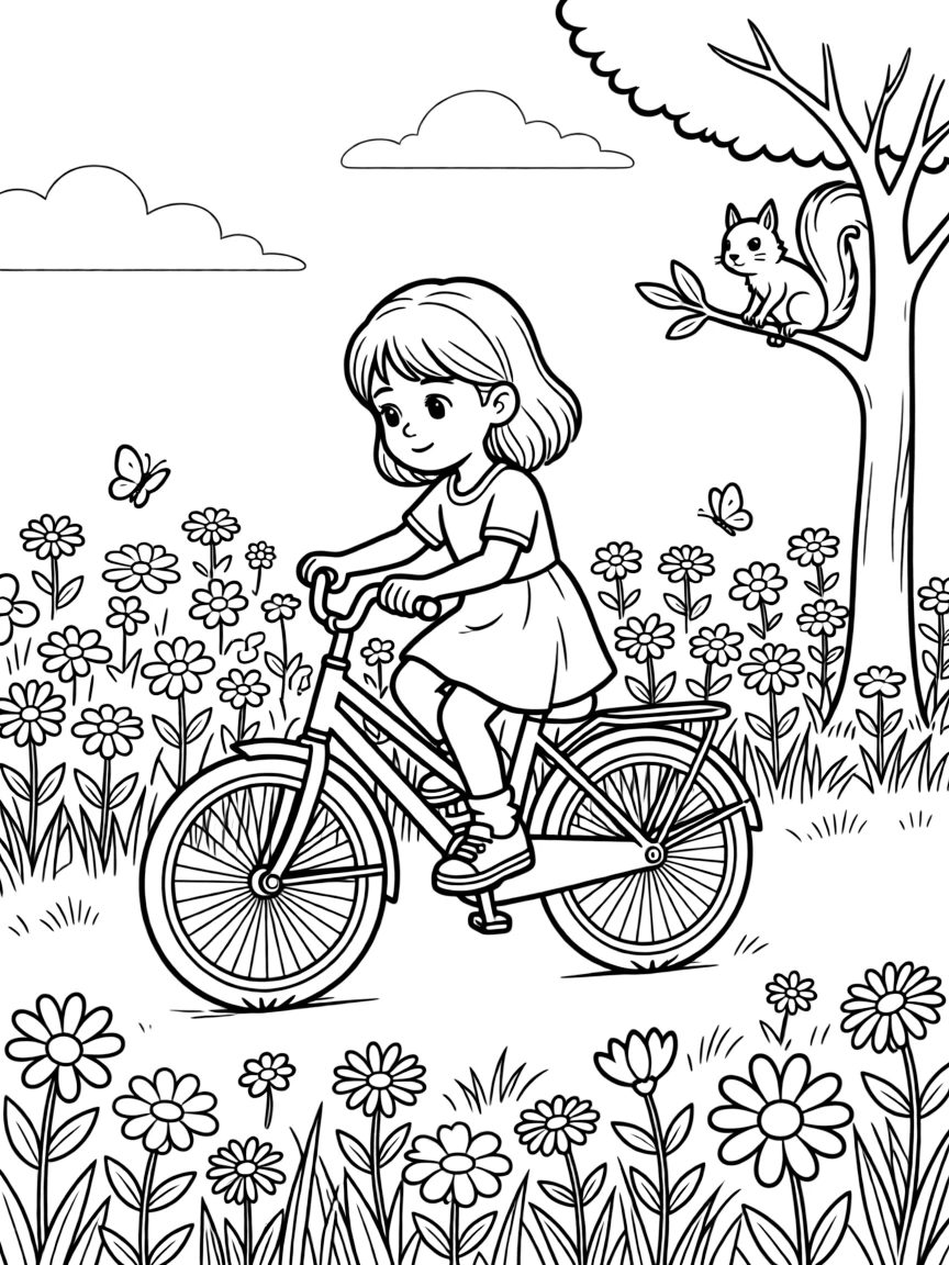 A little girl riding a bicycle alone in a meadow full of wildflowers, deeply focused, while a squirrel peeks from a branch.