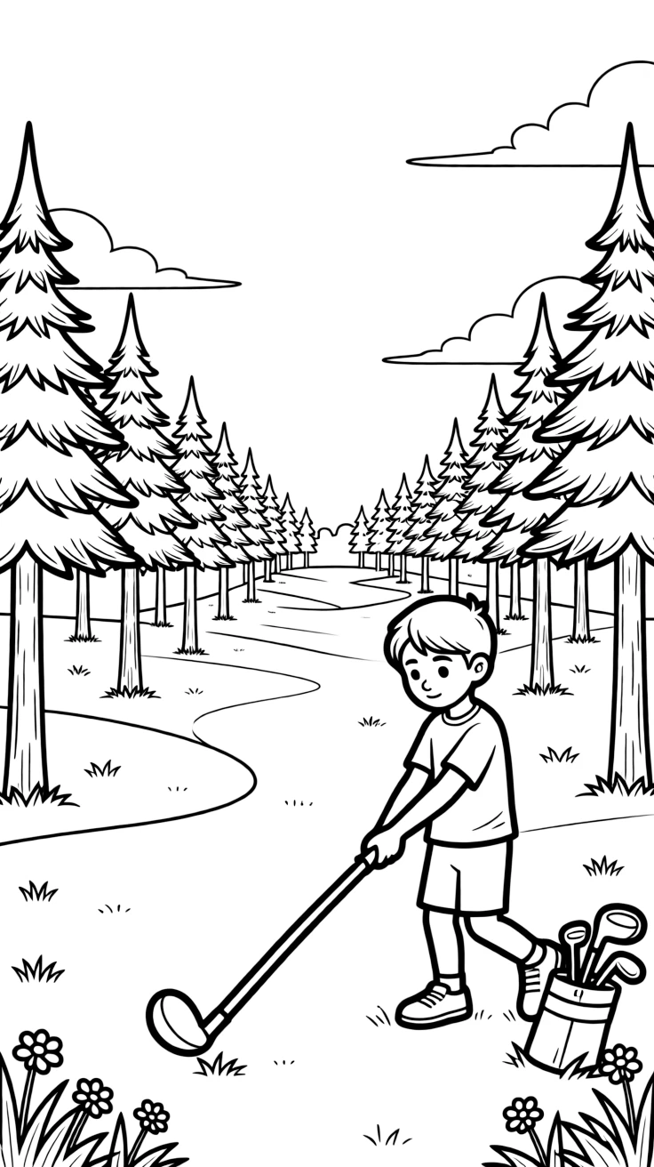 A shy new student, throwing a long drive down a fairway lined with tall pine trees.