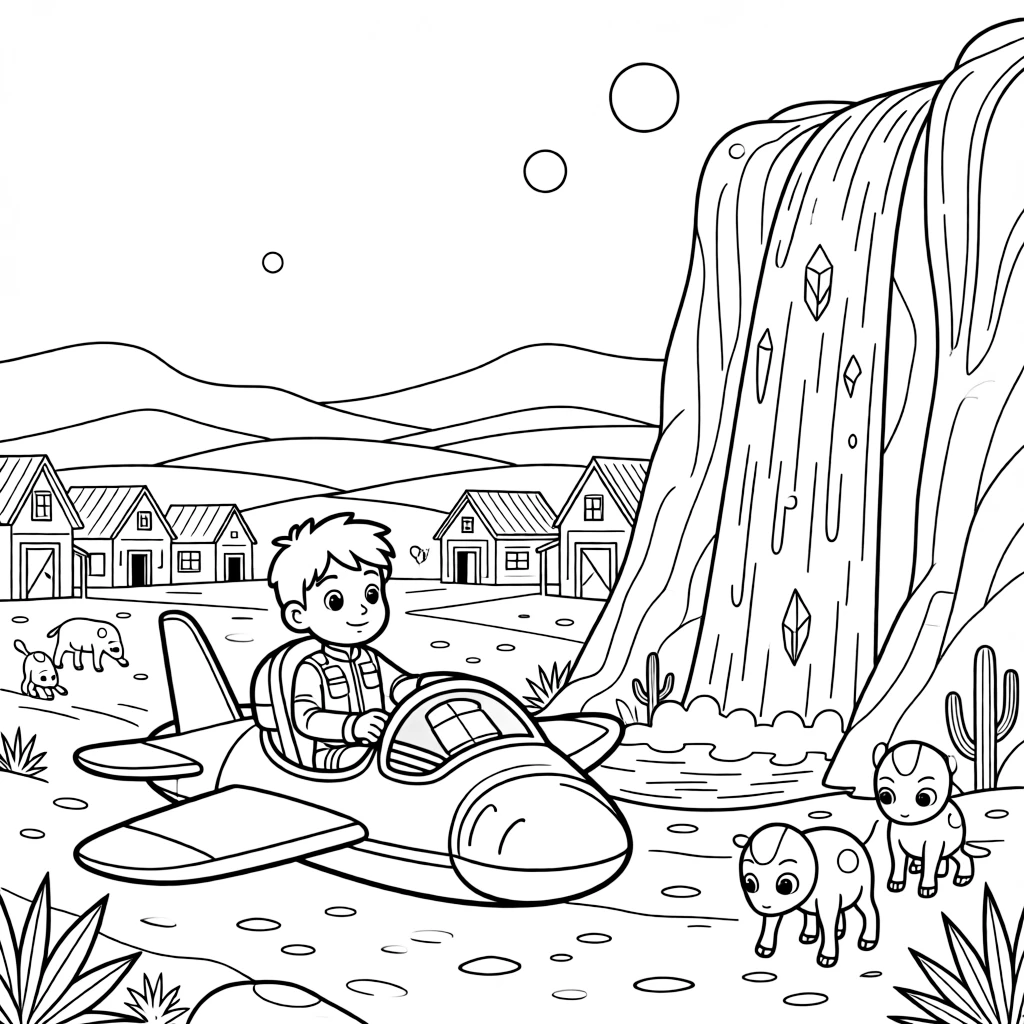 In a small frontier town on a dusty desert moon, pilot Cinder zooming along on a sky-skiff collecting rainbow-colored ice crystals from a frozen waterfall, while a herd of gentle six-legged alien creatures grazing nearby adds to the excitement.