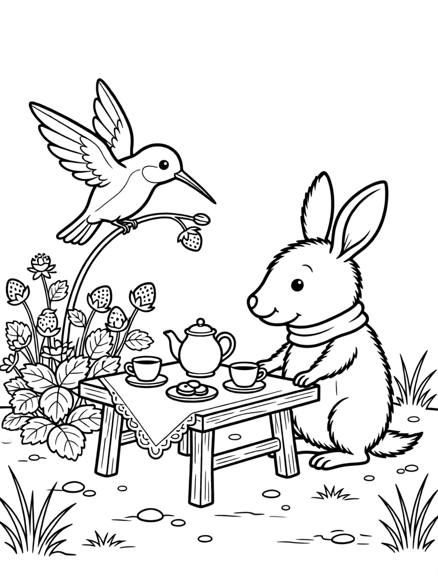 A hummingbird along a dusty savanna trail, having a tea party with a bilby, next to a patch of wild strawberries.