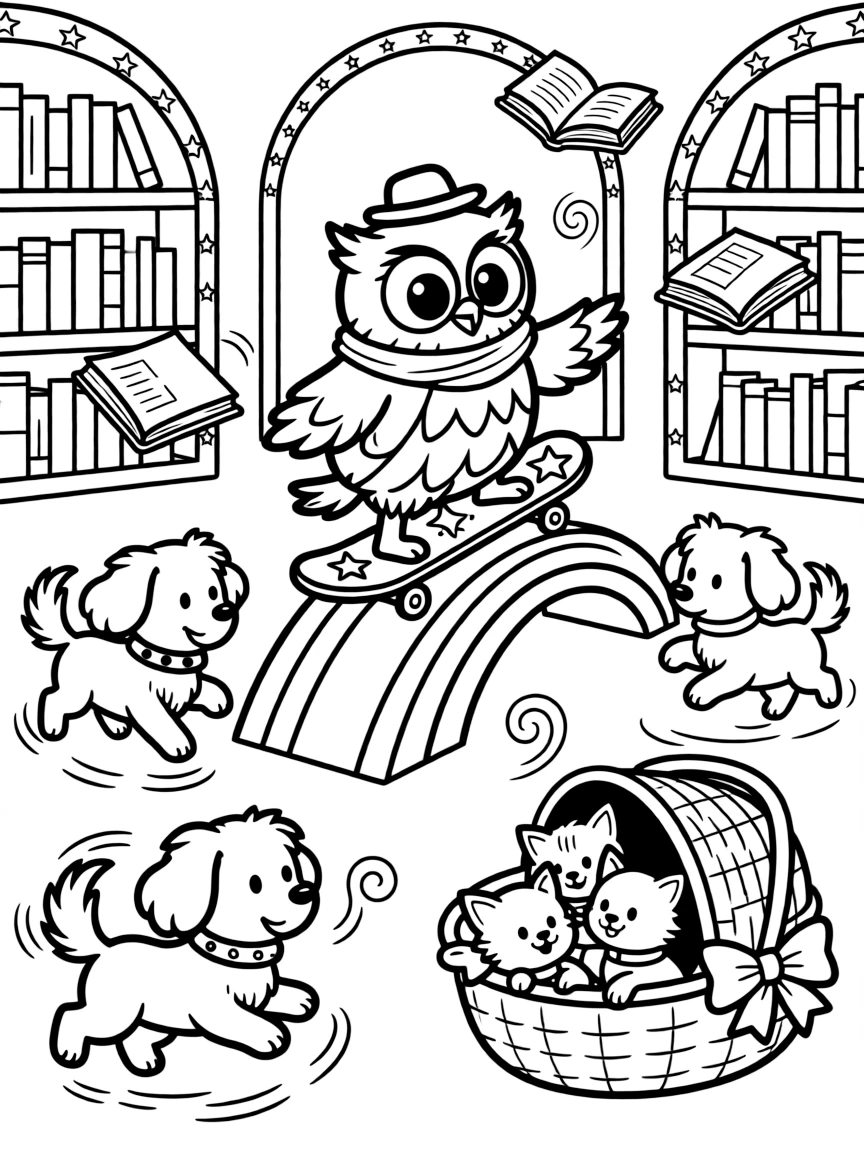 In a magical library where the books float and flutter, a wobbly pumpkin patch guardian owl is busy learning to skateboard down a rainbow ramp, cheered on by three bouncing puppies chasing their tails and a basket of kittens tumbling over each other. The whole crew is grinning from ear to ear.