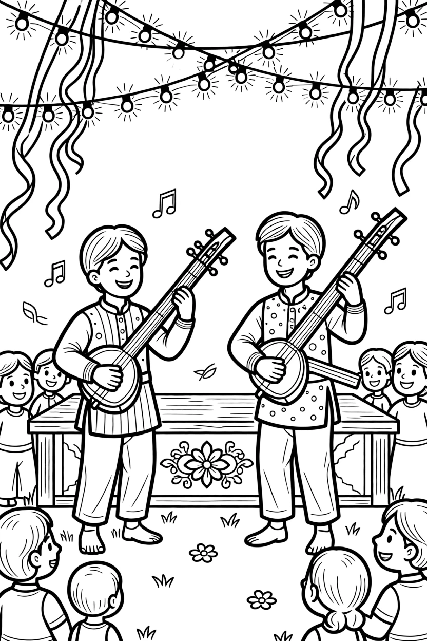 A coloring page of a lively performance in Bangladesh featuring musicians playing the ektara one-string instrument at a folk gathering, decorated with ribbons, streamers, and twinkling string lights overhead.