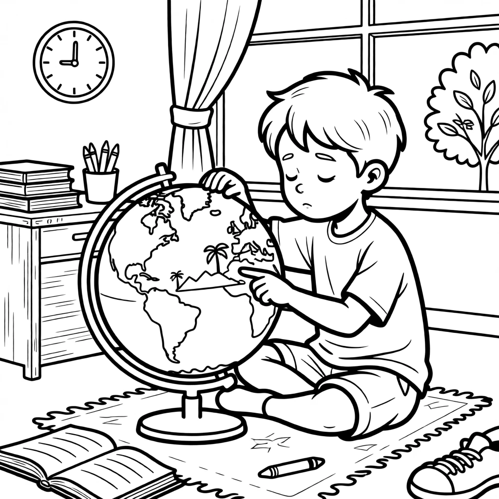 a sleepy little boy spins a big classroom globe and stops it with a finger on a faraway island.