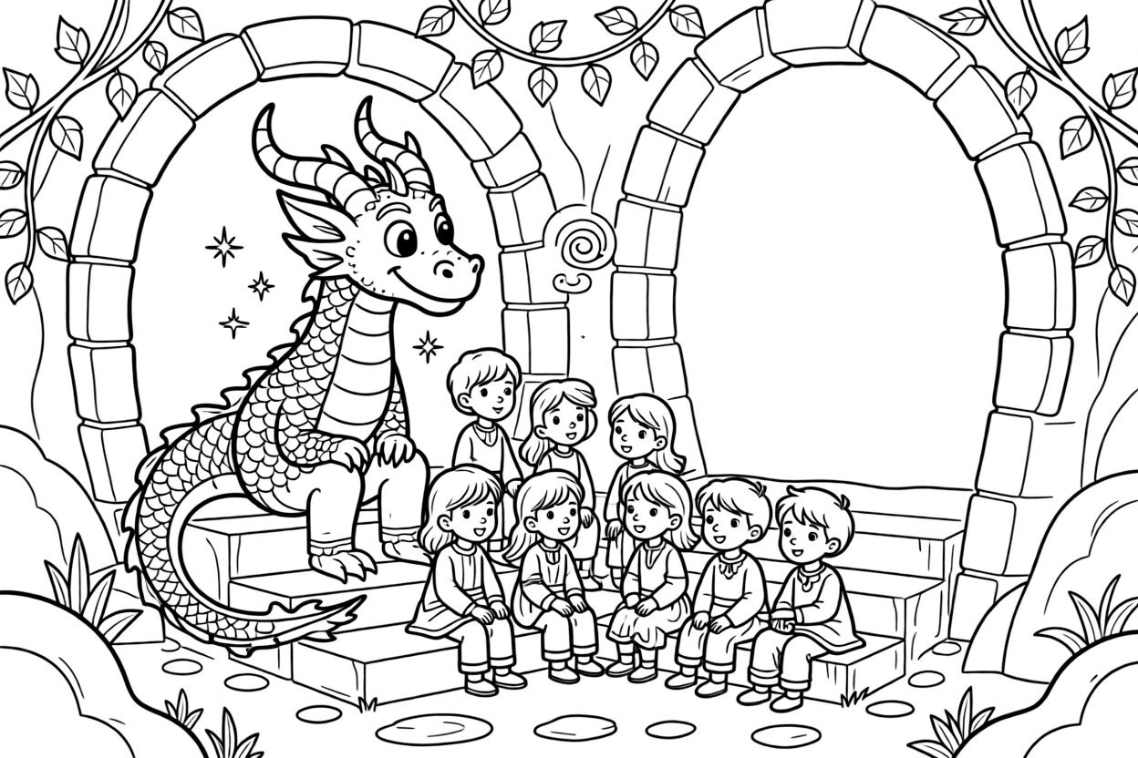 A wise old dragon tells stories to a circle of village children gathered on the steps of his mountain cave.