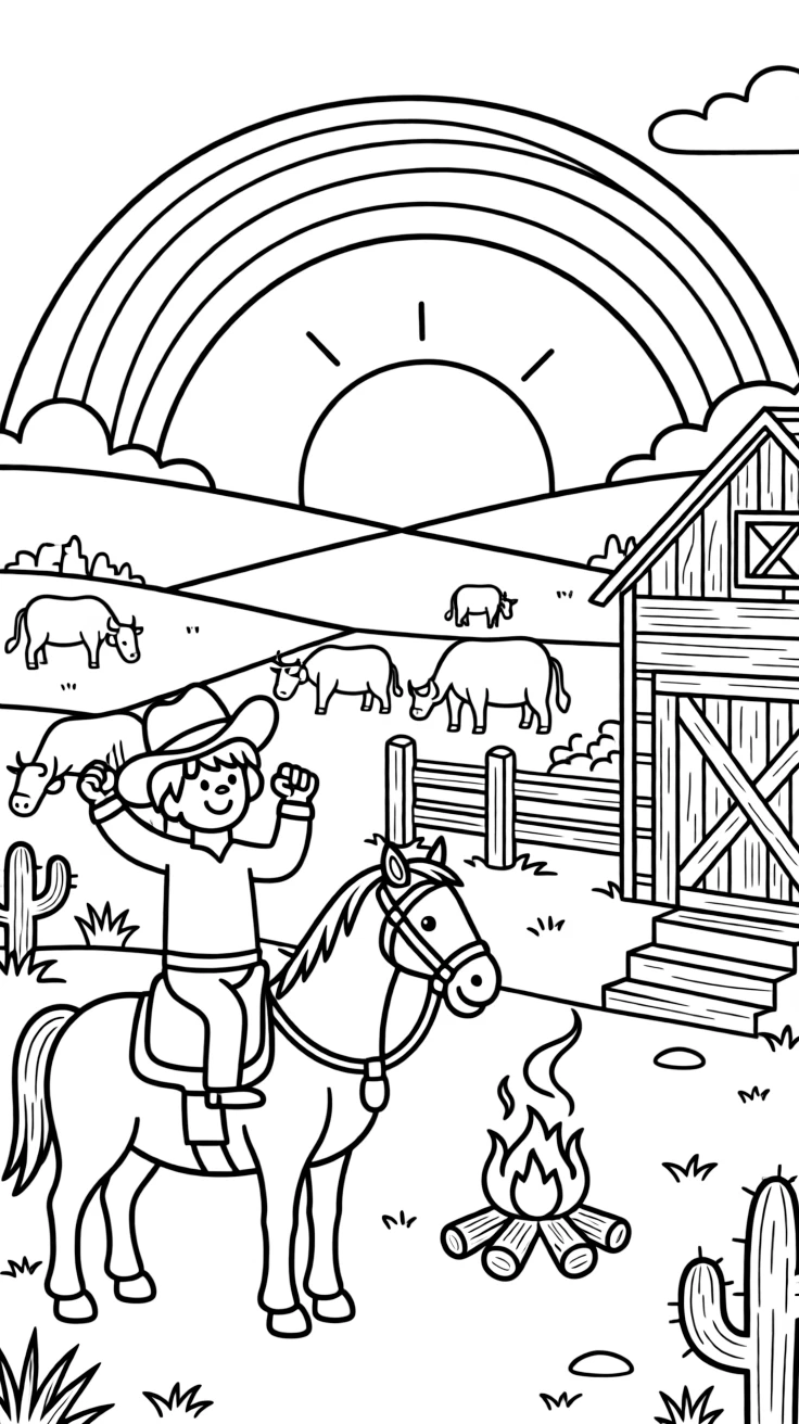 [Cowboys] a cowboy resting by a campfire watching a sunset from horseback near a rustic wooden ranch, cheering with both fists raised, while cattle graze peacefully nearby fills the surrounding area. A wide-brimmed hat shades the rider's face. Set at high noon, with a rainbow arching overhead, the page bursts with adventure and imagination.