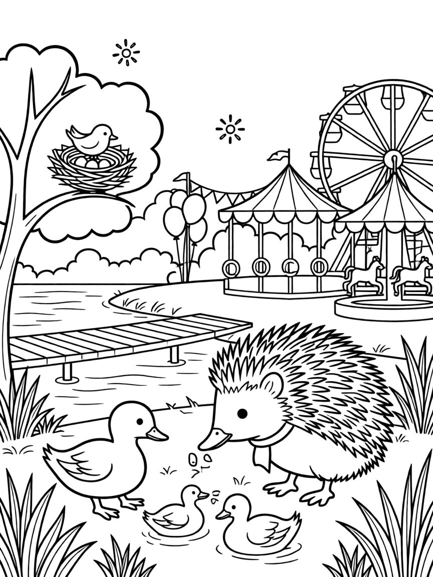 A spiky little hedgehog is feeding a family of ducks by the water's edge at a county fair with games and rides. All around, a tiny bird's nest tucked in a nearby branch and twinkling fireflies rising into the air bring the scene to life.