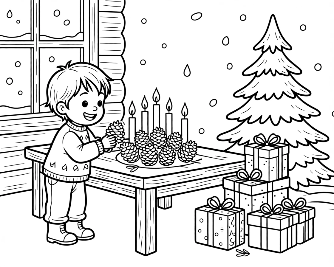 A grinning child admiring a spiral of pinecones and candles on a table in a mountain chalet surrounded by drifting snowflakes, near a stack of wrapped gifts and a snow-covered pine tree.