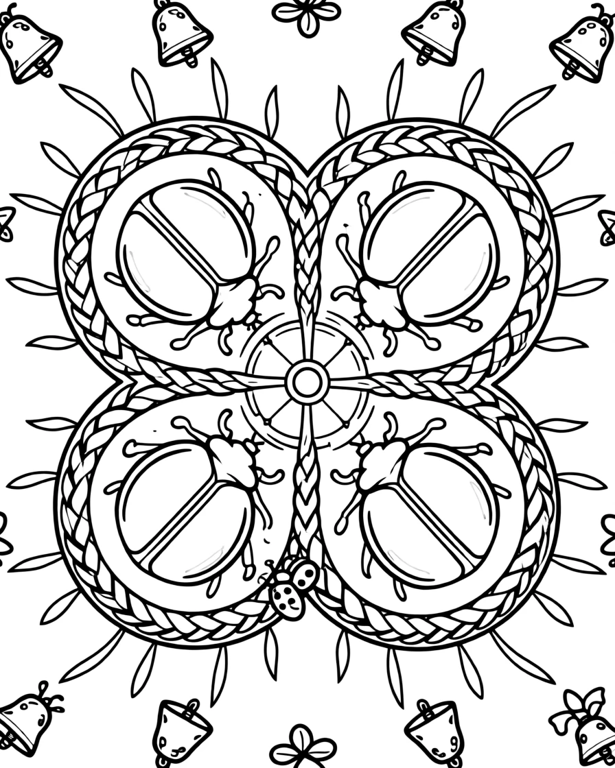 Insects & Bugs: The design turns a beetle with a glossy rounded shell back into a kaleidoscope-style composition anchored by a wheel-spoke mandala radiating from a round hub. The imagery is split into four mirrored quadrants that meet at the center, each quadrant a rotated echo of the next. Decorative details fill the surrounding space, including bands of braided rope shapes, rays fanning out like a small sunburst, and clusters of tiny bells woven throughout the background. A playful extra touch completes the page: a tiny ladybug tucked among the details, easy to spot once found.