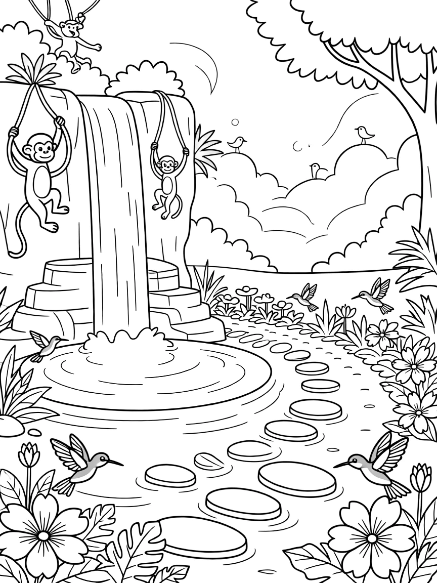 [Waterfalls] A group of monkeys swing from vines near a tall waterfall crashing into a turquoise pool. Hummingbirds dart between blossoms growing on the rocks beside the tumbling water. Smooth stepping stones cross the pool below, leading toward a path lined with tropical flowers. A cool spray drifts through the warm jungle air as birds call from the treetops.