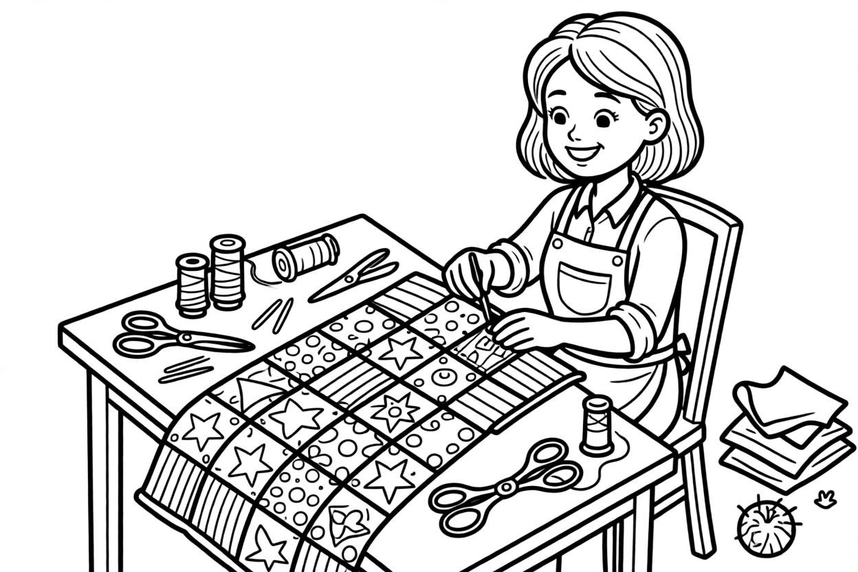 A quilt maker stitches colorful fabric squares together at a sewing table.