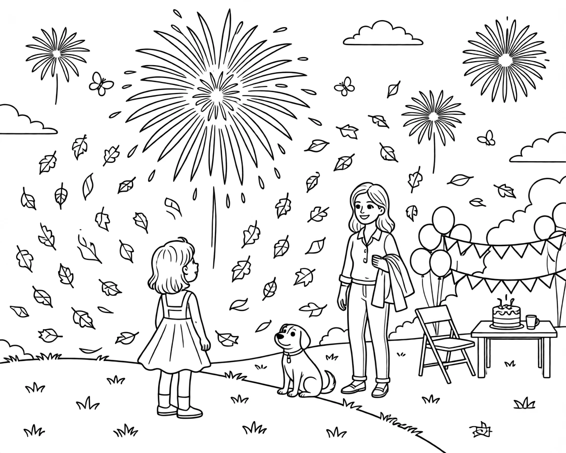 A girl in a sundress watching fireworks light up the sky during a grandparent's retirement party with a single mom as fallen leaves swirl in the breeze.