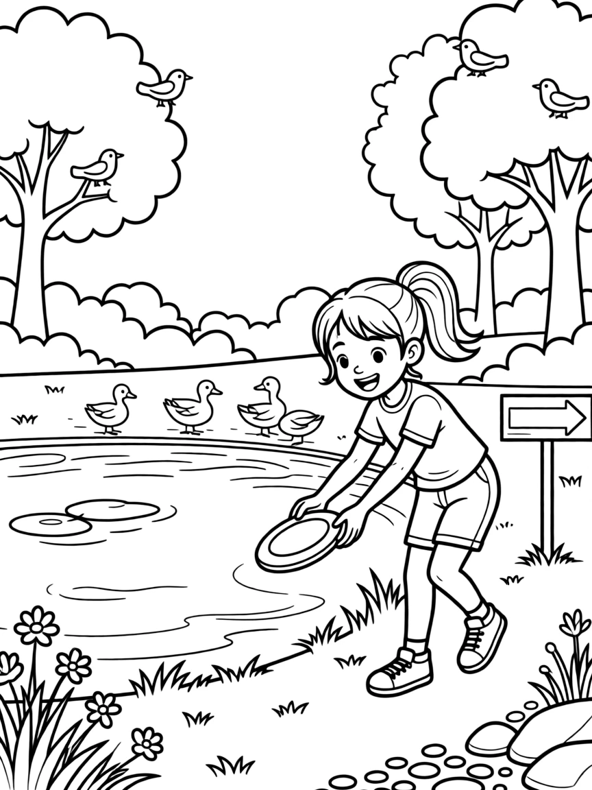 An energetic girl with a big smile, retrieving a disc that landed near a peaceful pond beside the course.
