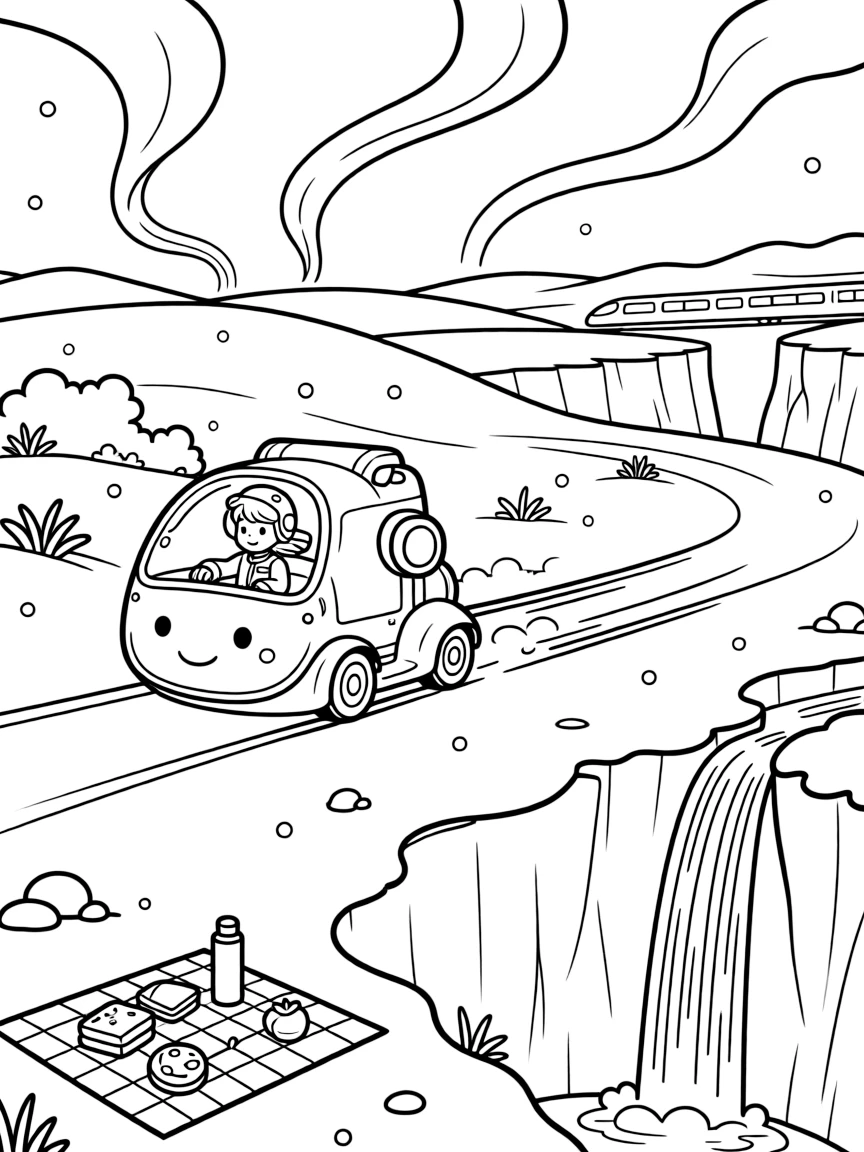 Young pilot Volt riding inside the friendly giant mech Star-Titan racing to catch a runaway hover-train before it reaches the canyon in a snow-covered tundra planet with auroras dancing overhead, as a picnic blanket spread with snacks under the stars and a waterfall of sparkling light cascading down a cliff fill the scene.