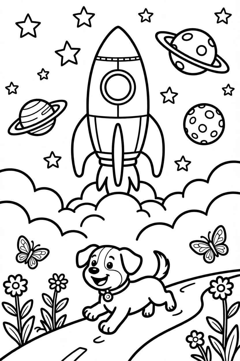 This coloring page shows a satellite-launching rocket rising past fluffy clouds making its way across outer space, dotted with twinkling stars and colorful planets, accompanied by an excited puppy chasing along the road, while butterflies fluttering near a patch of wildflowers adds extra charm to the scene.