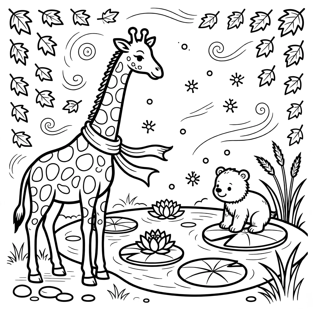 A giraffe watching fireflies light up with a polar bear cub on a lily pad in a quiet pond, near a water lily pond, as autumn leaves swirl in the wind.