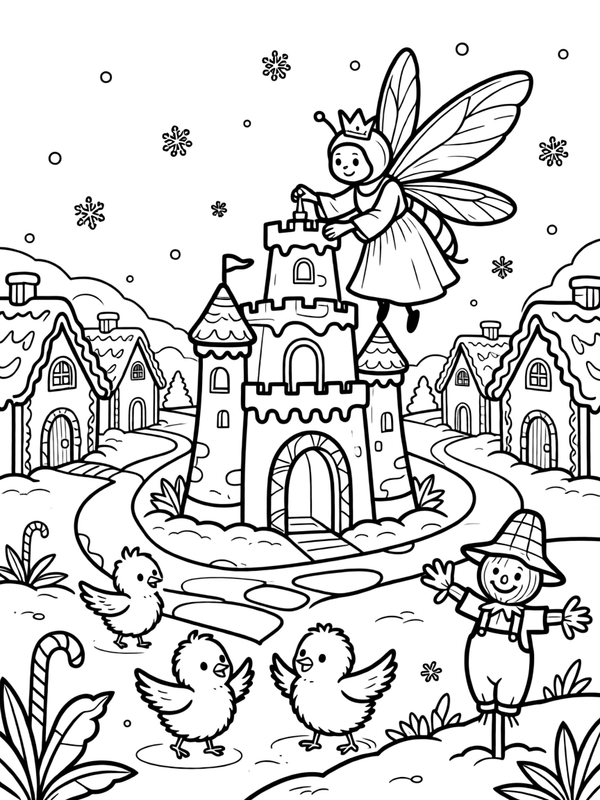 An adventurous fairy godmother beetle is building an enormous sandcastle fortress in a snow-covered village lined with gingerbread houses, joined by a trio of giggling baby chicks and a cheerful scarecrow waving from the field. Warm smiles and happy cheers fill the scene.