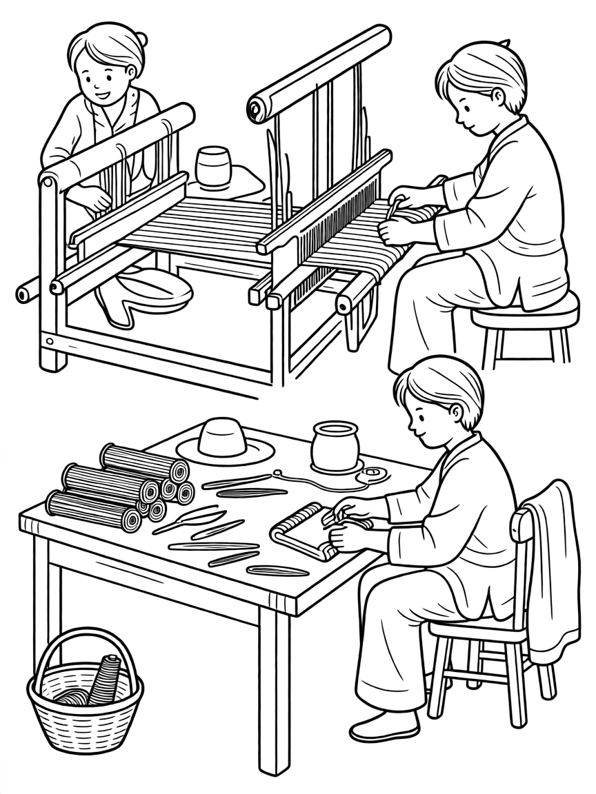 A coloring page of a weaver working on a loom making fine muslin cloth in Bangladesh, shown step by step with helpful hands and a workshop table full of materials.