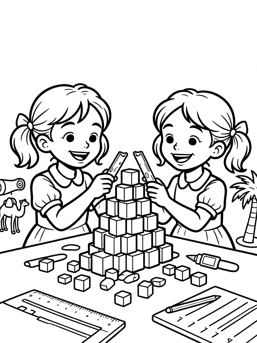 mischievous twin sisters build a pyramid model out of sugar cubes for a history fair.