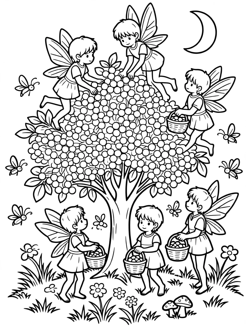A group of pixies harvest glowing berries from a moonlit bush, filling tiny woven baskets while fireflies light their work.