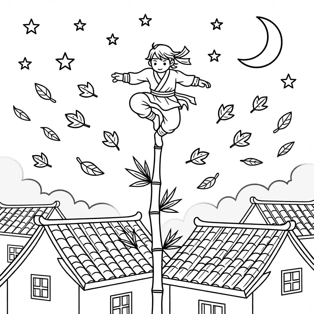 [Ninjas] a ninja leaping between rooftops balancing on a tall bamboo stalk above a quiet moonlit village, letting out a triumphant roar. Nearby, stars twinkle in the night sky. Moonlight highlights the rooftop tiles. The scene is captured on a foggy morning, with autumn leaves swirling in the wind, giving the page a lively and adventurous feel that invites plenty of colorful detail.