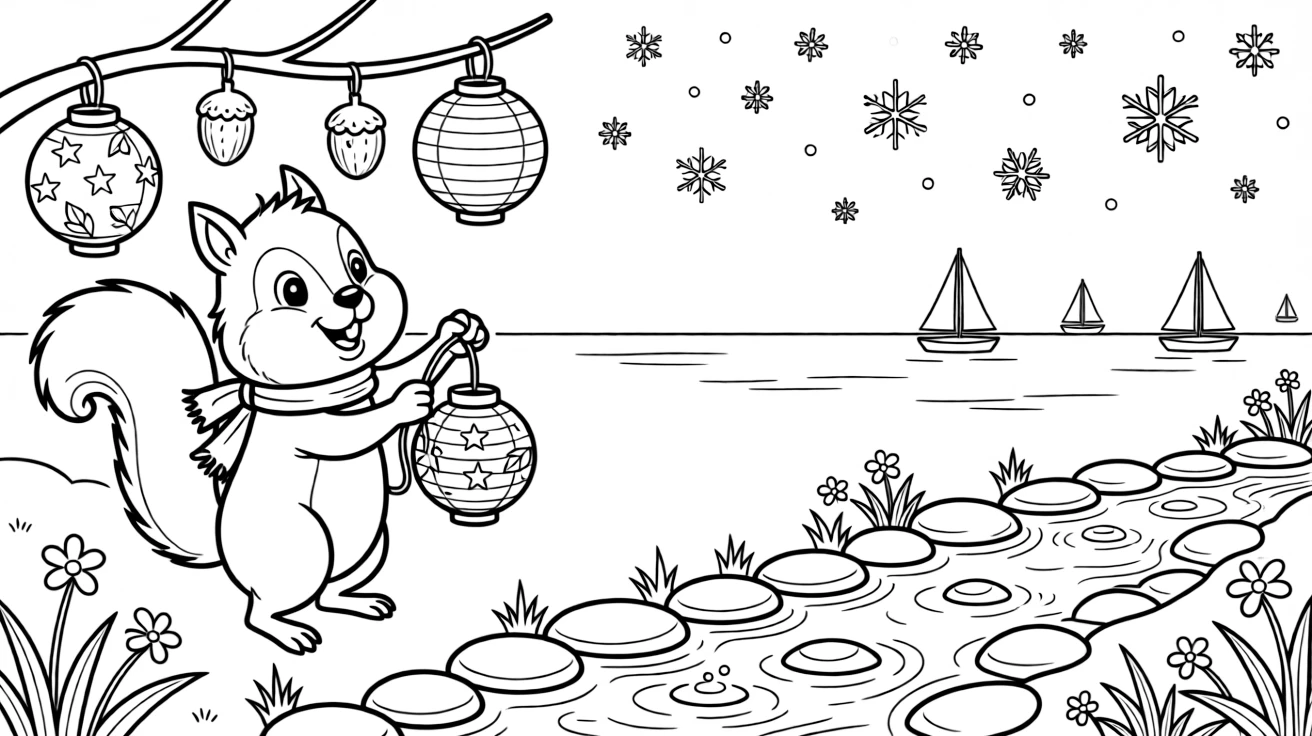 A chipmunk with cheeks full of acorns is hanging paper lanterns for an evening celebration beside a babbling brook lined with smooth stones. In the background, little sailboats bobbing on the horizon and gently falling snowflakes complete the joyful scene.