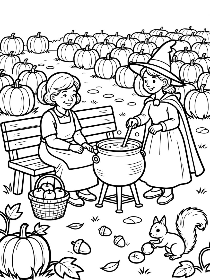 A cheerful grandmother sitting beside a friendly witch stirring a bubbling cauldron on a farm surrounded by rows of golden pumpkins, with a basket of freshly picked apples and a squirrel gathering acorns scattered about.