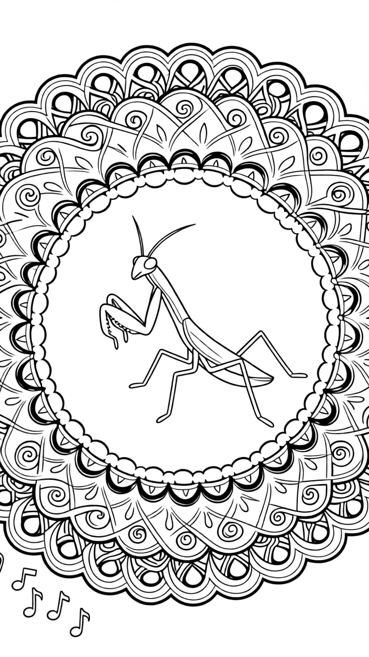 Insects & Bugs: The main subject is a praying mantis with folded front legs, drawn as the focal point of a scalloped wreath mandala with rounded overlapping arcs. It is placed at the very center of the page, with the surrounding rings growing larger and more detailed toward the outer edge. Decorative details fill the surrounding space, including curling paisley teardrops, curling fern-frond shapes, and ribbons folded into gentle zigzags woven throughout the background. A playful extra touch completes the page: a few tiny musical notes drifting near one corner of the page.