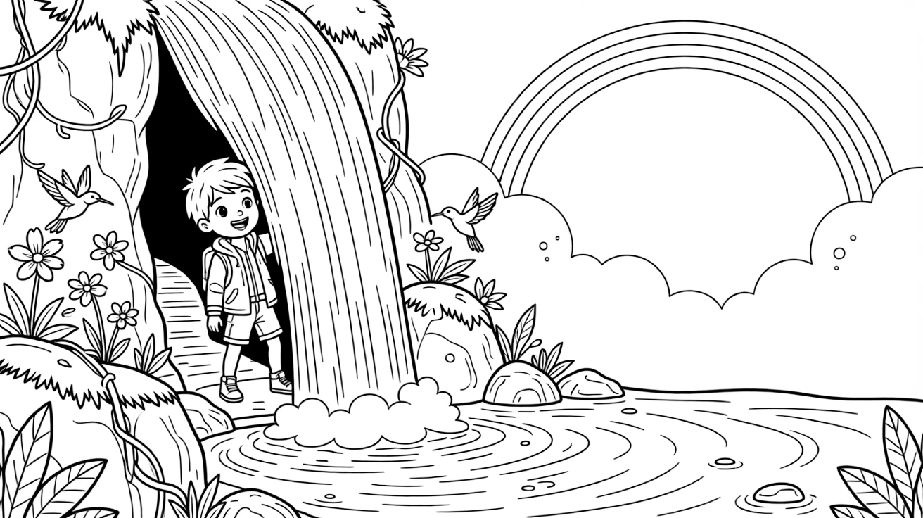 [Waterfalls] A brave young explorer stands behind a curtain of falling water, peeking out at a hidden jungle path. Hummingbirds dart between blossoms growing on the rocks beside the tumbling water. Moss-covered boulders and tangled vines surround the base of the roaring waterfall. Soft morning light glows through the mist, casting a gentle rainbow over the pool.