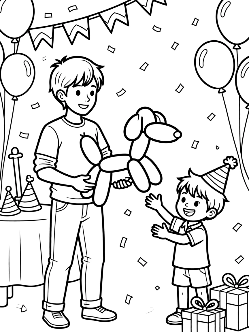 A balloon twister shapes a balloon into a dog for a delighted child at a party.