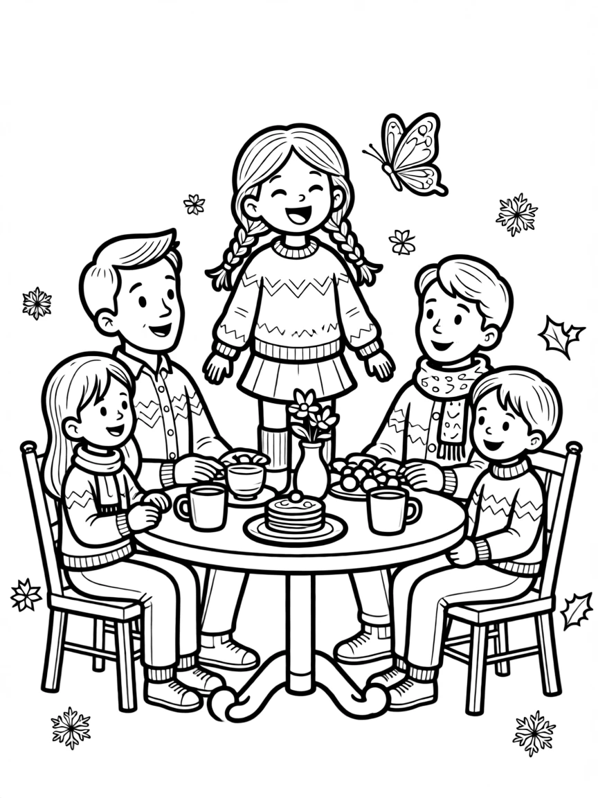 A girl with braids singing around a table during a winter holiday morning with a family of five while a butterfly visits nearby.