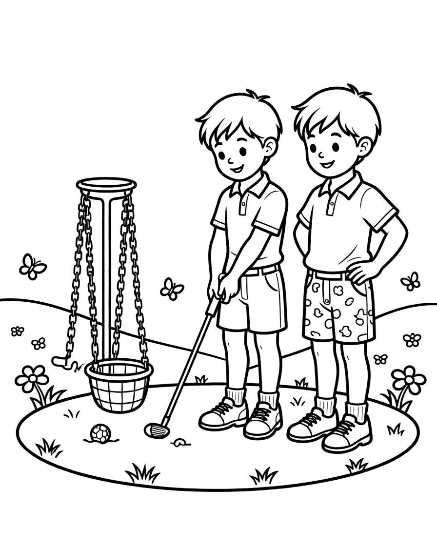 A pair of twin siblings, practicing a putt toward the basket from just a few steps away.