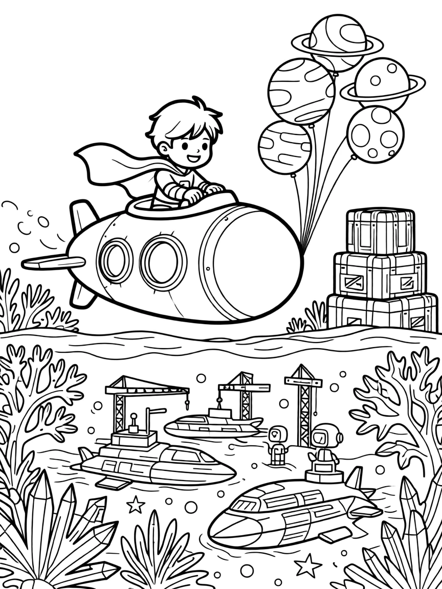 Commander Miko, a friendly plant-controlling superhero kid piloting a submarine through a coral reef made of crystal near a busy shipyard where spaceships are built and repaired, surrounded by a cluster of balloons shaped like planets and a stack of colorful supply crates.