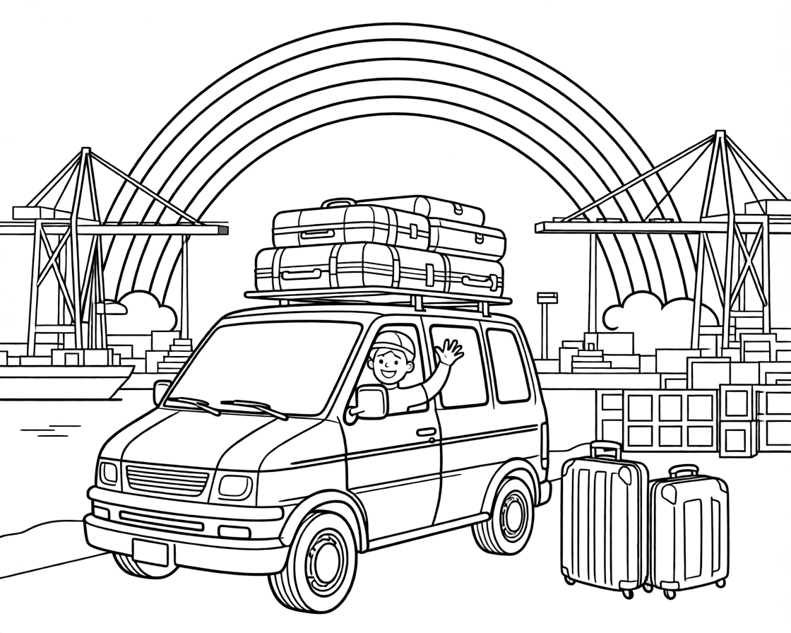 A coloring page featuring a family minivan packed with luggage on a roof rack, traveling through a busy harbor lined with docks, cranes, and stacked crates, with a smiling driver wearing a cap and waving hello and a rainbow arching across the sky and a stack of suitcases piled up for the journey filling the scene.