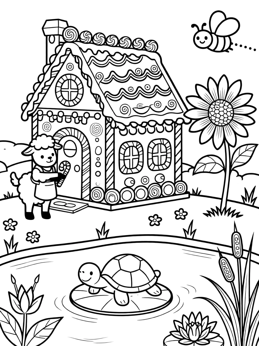 A lamb decorating a gingerbread house with a sea turtle on a lily pad in a quiet pond, near a giant sunflower, while a friendly bee buzzes past.