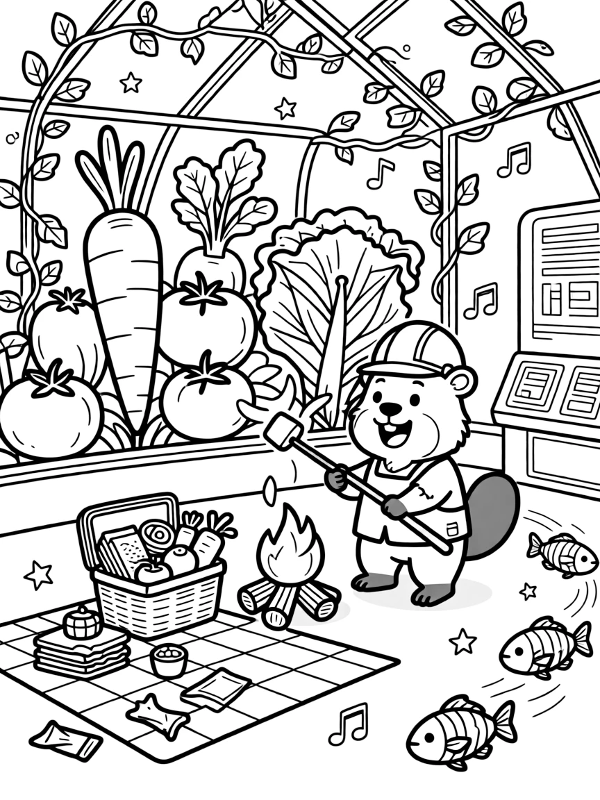At a space station greenhouse growing giant vegetables, a curious beaver architect is busy roasting marshmallows over a crackling campfire, cheered on by a picnic basket overflowing with treats and a school of rainbow fish swimming past. Warm smiles and happy cheers fill the scene.