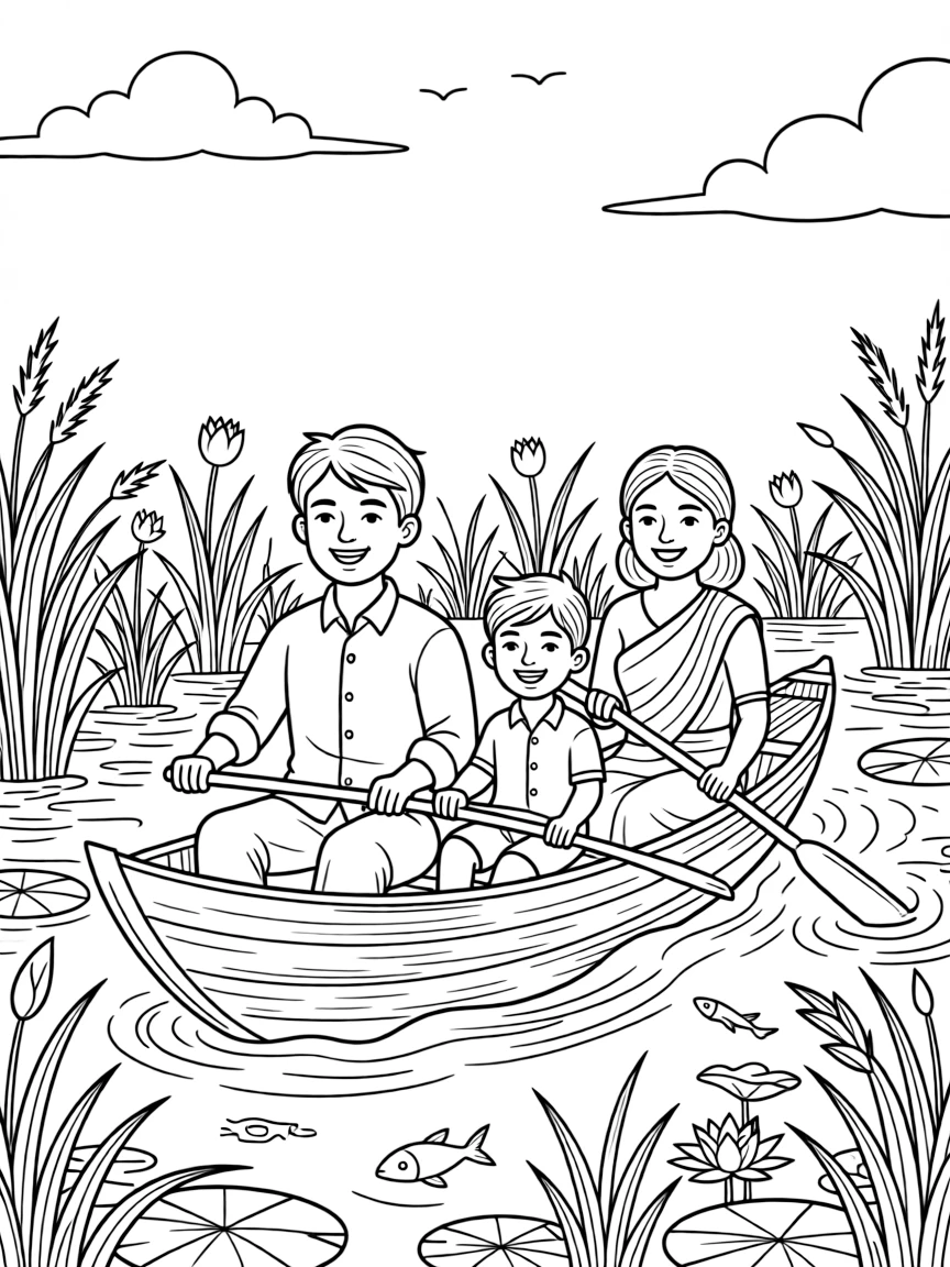 A coloring page of a heartwarming family scene in Bangladesh showing a family paddling a narrow boat through a flooded green field, with everyone smiling and working together happily.