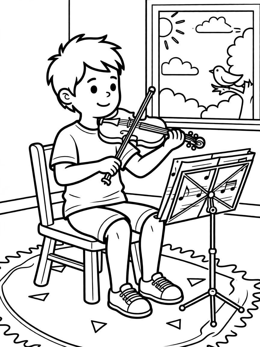 a cheerful young boy plucks the strings of a small violin during a music lesson.