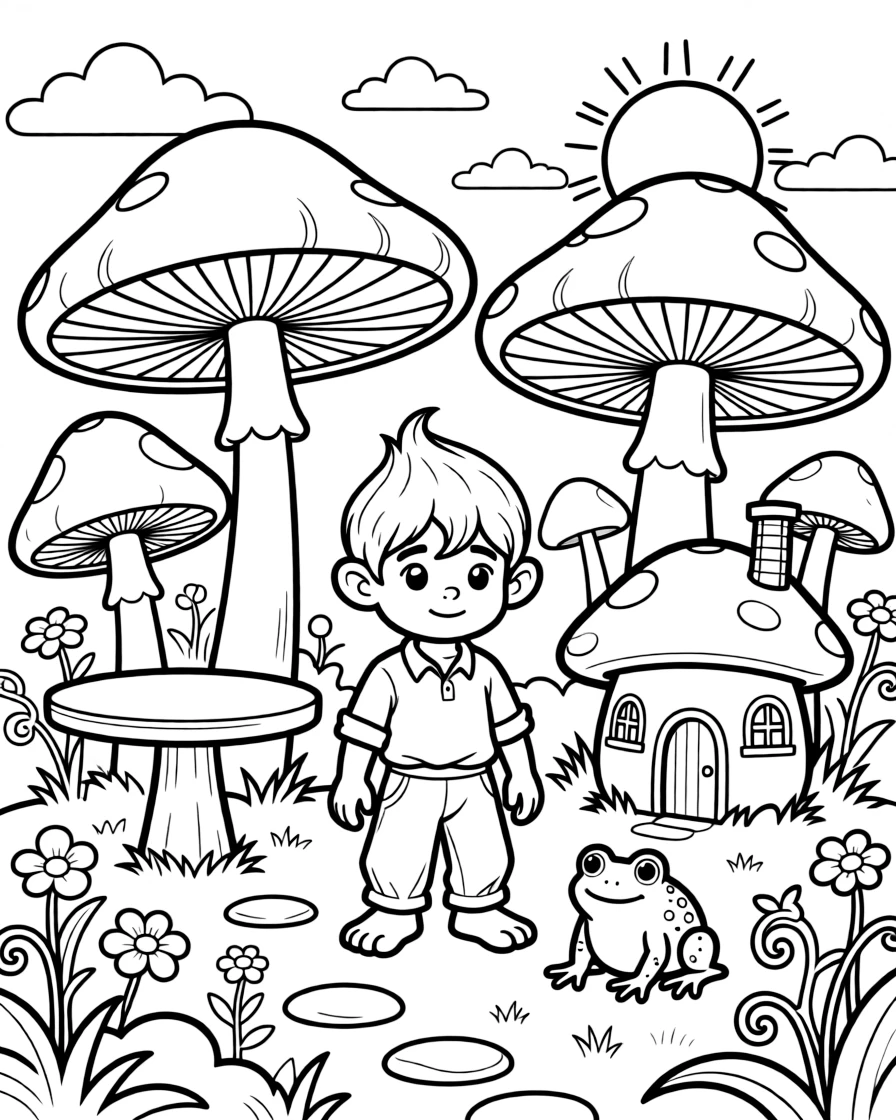 A troll's garden grows enormous mushrooms he uses as umbrellas, tables, and even a cozy little house for his pet toad.