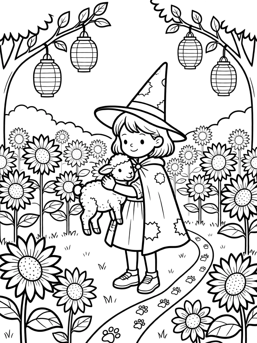 A young witch in a pointy hat and patched cloak is cuddling a newborn farm animal in a sunflower field at golden hour. Scattered nearby, paper lanterns hanging from low branches and a trail of tiny paw prints leading away bring the scene to life.