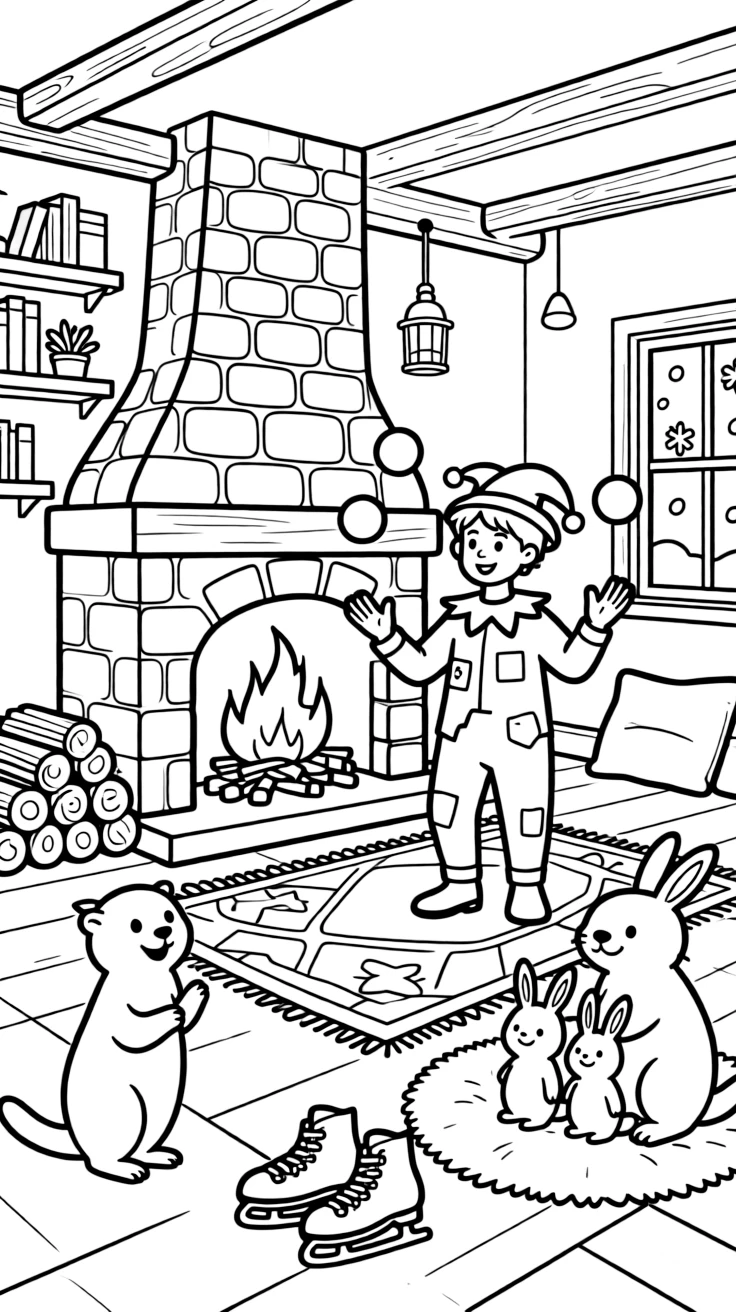 A wide view in a cozy cabin with a crackling fireplace, featuring a jester juggling colorful balls at a parade, a playful otter, and a family of snow-covered rabbits, with a pair of ice skates nearby.