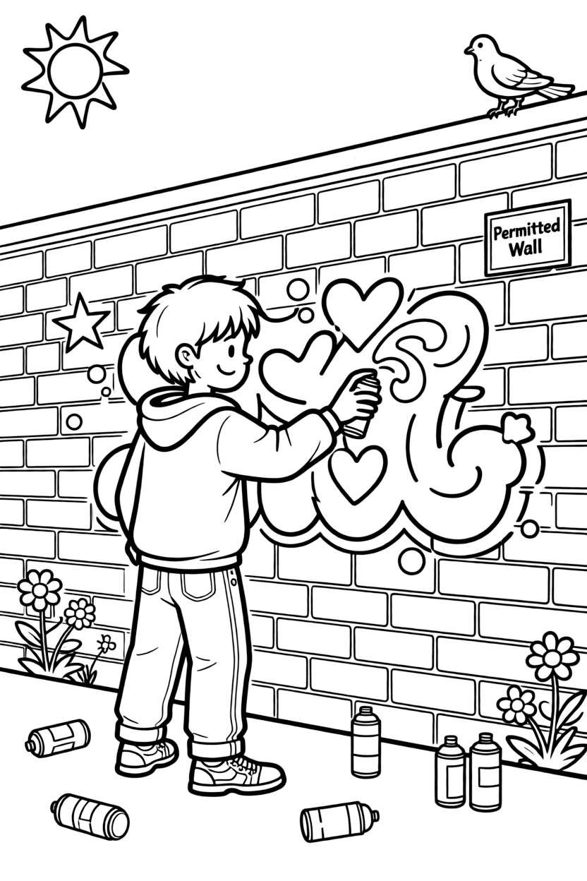 A graffiti artist sprays a colorful mural onto a permitted city wall.