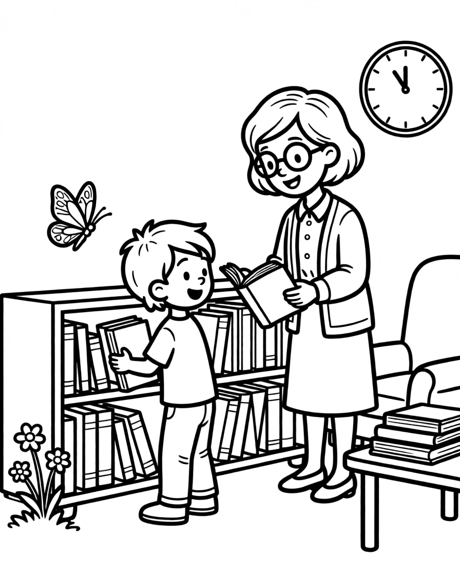 A young child picking out books with a librarian while a butterfly visits nearby.