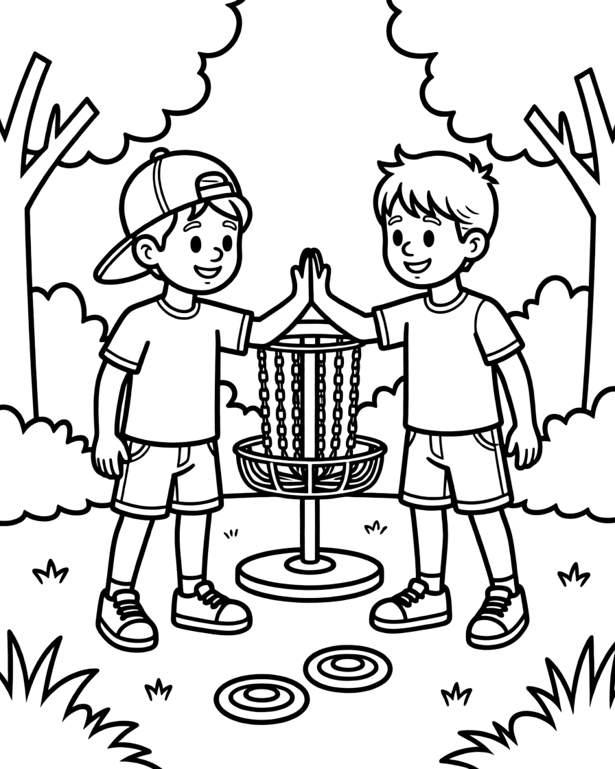 A confident boy wearing a bright cap, high-fiving a friend after both discs land near the same basket.