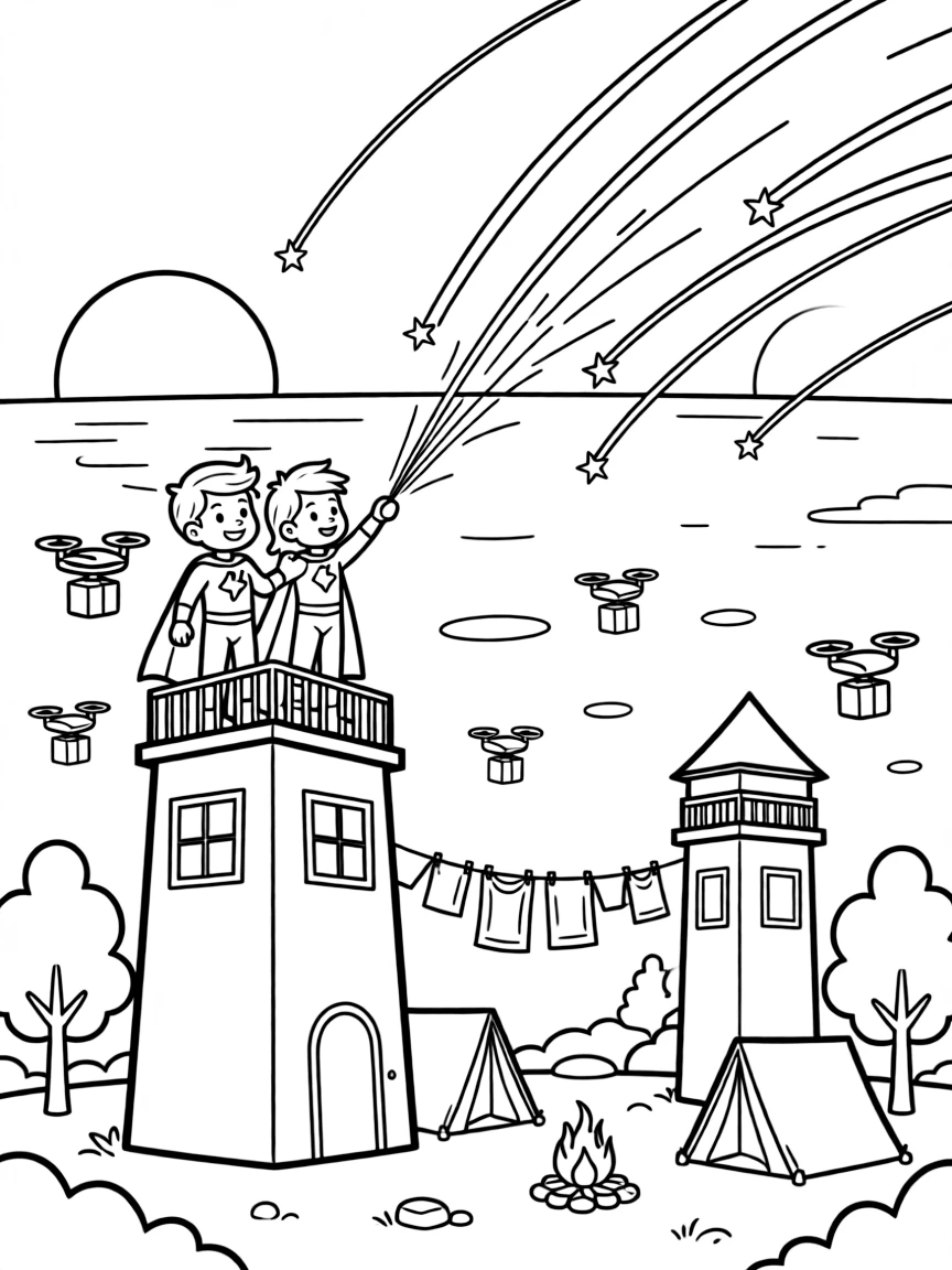 Twin superhero siblings Blaze (gravity-bending) and Sable (magnetic) counting shooting stars from the top of an observation tower near a quiet campsite on a moon with two setting suns, surrounded by tiny drones buzzing around delivering packages and a line of laundry fluttering between two towers.