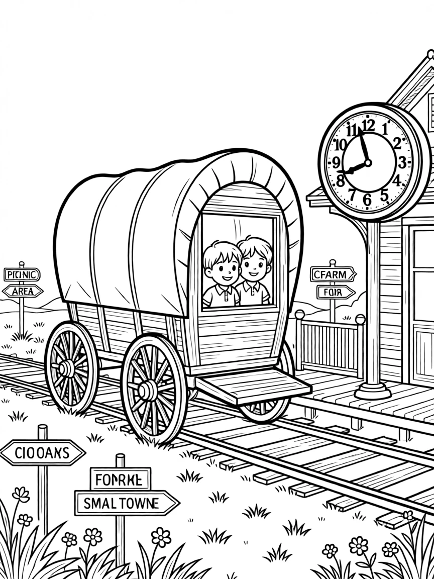 A covered wagon with wooden wheels crossing the prairie is shown journeying through a historic train station platform with a big round clock, with twin siblings pressing their faces to the window close by and road signs pointing toward fun destinations completing the lively scene.