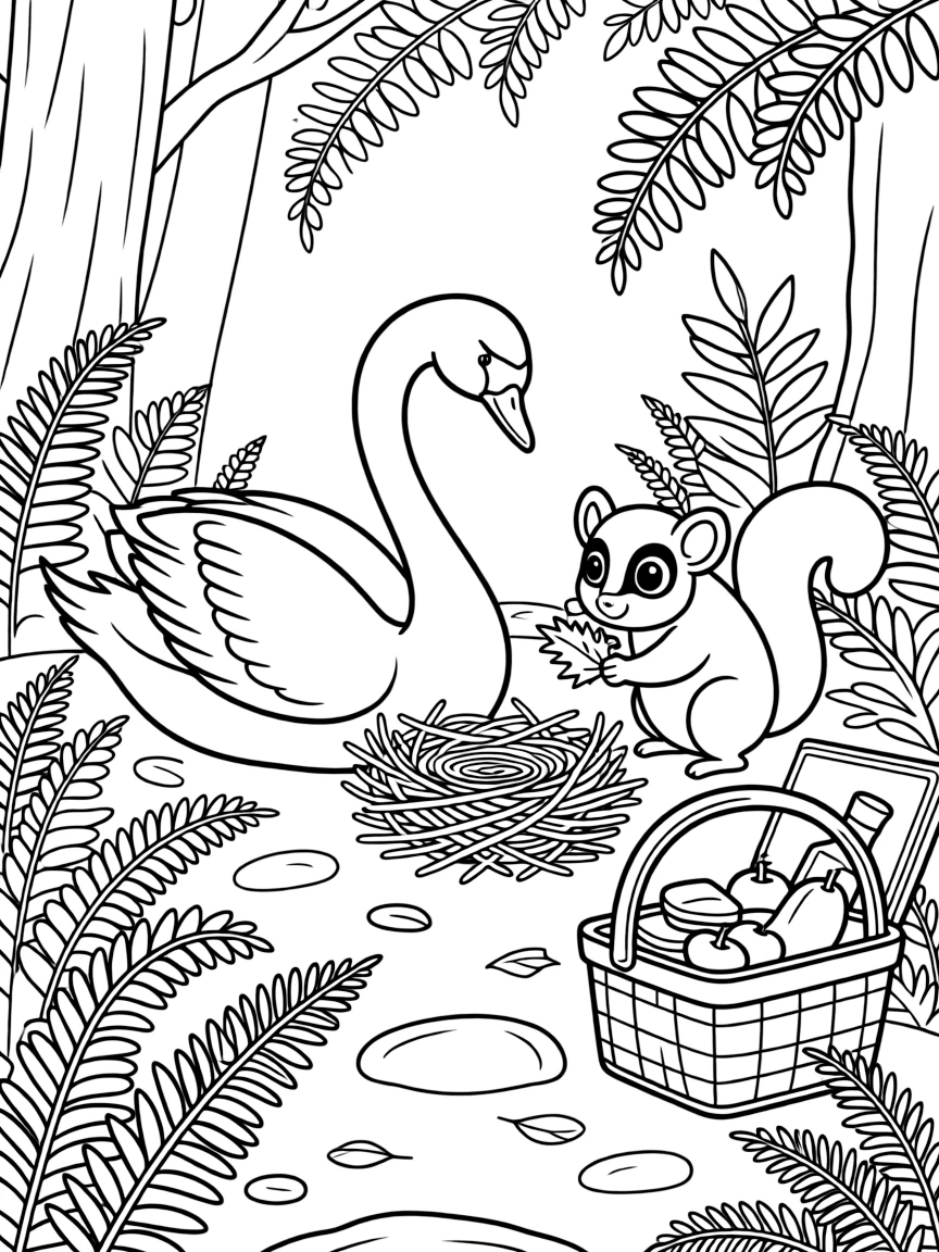 A swan on a rocky mountain trail, building a tiny nest together with a sugar glider, next to a fern-covered forest floor, with a picnic basket full of treats nearby.